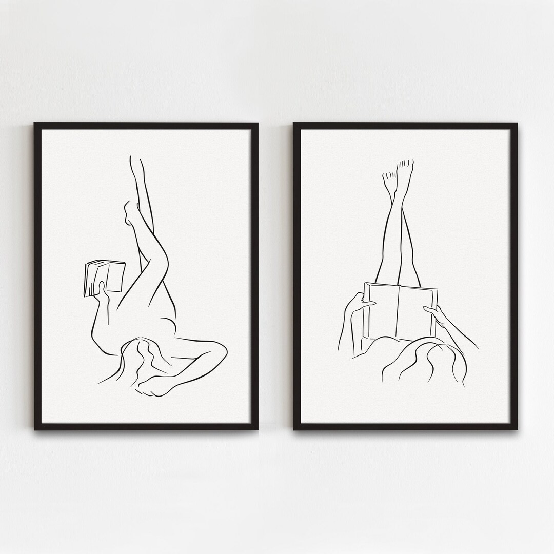 Reading Line Art Set of 2, Woman Reading Book Art Set of Two, Girl Line