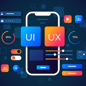 Può includere: Un'illustrazione blu e rossa di un telefono cellulare con le parole "UI" e "UX" sullo schermo. Il telefono è circondato da varie icone ed elementi di design, tra cui una barra di avanzamento, un interruttore e un'icona di download.