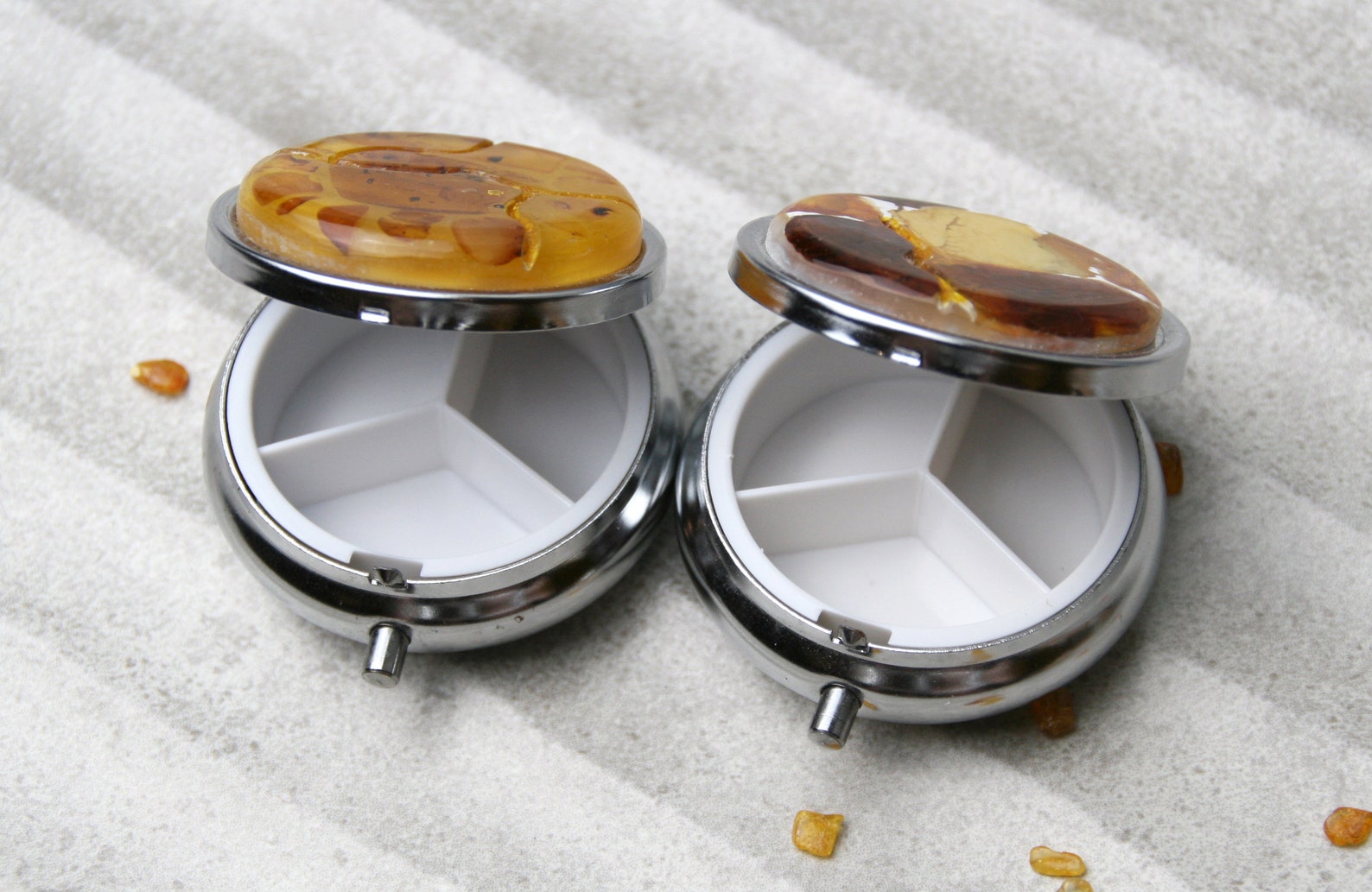 Two small pill boxes Metal pill box with amber decor Pocket Etsy