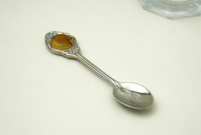 Souvenir spoon jewelry Wedding spoon metal Little spoon gift with baltic amber stone and blue crystal Gift for first birthday baby