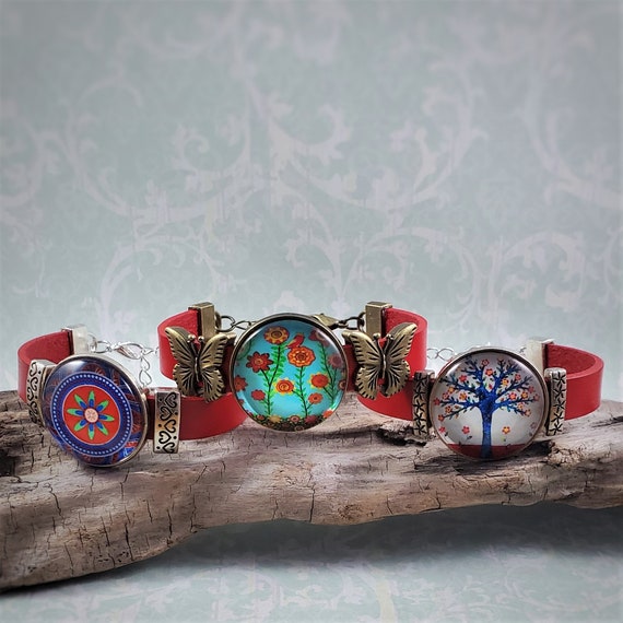 Rustic Antiqued Silver Flowers on a Genuine Red Stitched Leather Bracelet