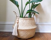 Seagrass Woven Basket with Tassels - Belly basket with handles, basket planter, boho storage, boho decor, nursery, laundry organization