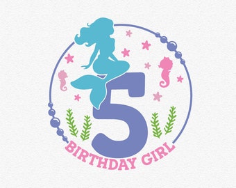 May include: A purple number five with a mermaid sitting on top. The number is surrounded by a circle of pink beads, seahorses, and seaweed. The text "Birthday Girl" is written below the number. The text "Bees Knees SVG" is at the bottom of the image.