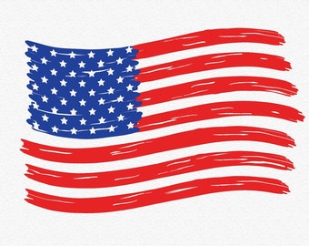 Puede incluir: Una bandera estadounidense roja, blanca y azul con un efecto de pinceladas desgastadas. La bandera ondea al viento.