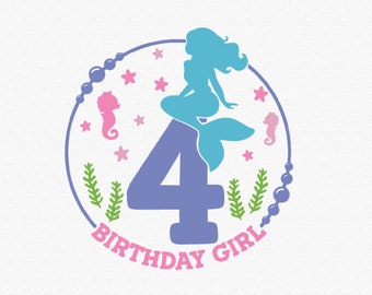 May include: A purple number four with a mermaid sitting on top of it. The number is surrounded by a circle of pink and blue beads, seahorses, and starfish. The text "Birthday Girl" is written below the number. The text "Bees Knees SVG" is at the bottom of the image.