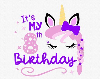 May include: It's My 8th Birthday with a purple unicorn with a pink mane and a purple bow. The unicorn has closed eyes and a braid with purple stars. The text is in purple and pink.