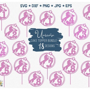 ユニコーン バースデー ケーキ トッパー バンドル SVG、ユニコーン テーマ パーティー デコレーション SVG、Cricut およびシルエット カット ファイル