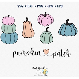 May include: A digital design featuring a stack of three pumpkins in blue, green, and pink, a single orange pumpkin, a green pumpkin, and a blue pumpkin. The text "pumpkin patch" is written in cursive with a heart between the words. The text "Bees Knees SVG" is written in a smaller font below the pumpkins.
