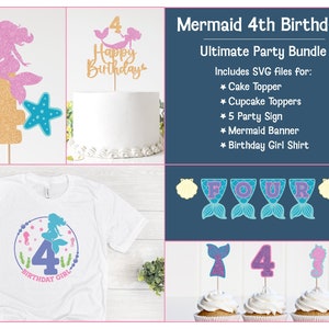 Decorazioni per feste di 4 ° compleanno sirena, pacchetto compleanno sirena Svg, decorazioni per feste sirena Svg, Cricut & Silhouette File tagliati