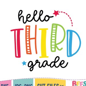 Pode incluir: Um design gráfico colorido com o texto "hello third grade" em preto. A palavra "third" está em cores do arco-íris com uma estrela acima.