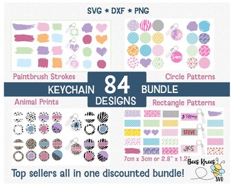 May include: A set of 84 keychain designs in a bundle. The designs include paintbrush strokes, animal prints, circle patterns, and rectangle patterns. The designs are in various colors, including pink, purple, blue, green, yellow, and orange. The keychains are 2.8 inches by 1.2 inches.