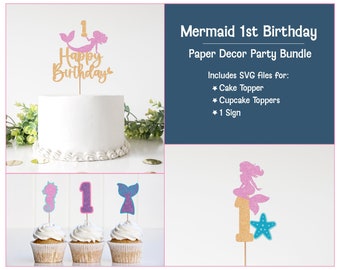 May include: Mermaid themed 1st birthday party decorations. Includes a cake topper with a pink mermaid, a gold number one, and the words "Happy Birthdays". Also includes cupcake toppers with a pink mermaid tail, a blue seahorse, and a pink number one.