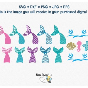 May include: A set of 10 mermaid tail SVG cut files in pink, purple, and teal colours. The set also includes a seashell, a starfish, and two seahorse designs.