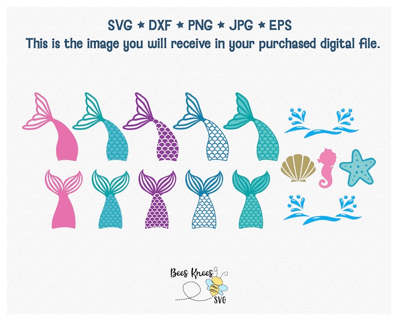 May include: A set of 10 mermaid tail SVG cut files in pink, purple, and teal colours. The set also includes a seashell, a starfish, and two seahorse designs.
