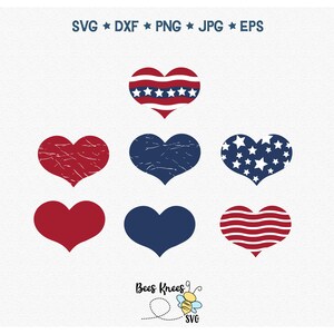 May include: Six different heart designs in red, white, and blue. The hearts feature American flag patterns, distressed textures, and solid colors. The designs are perfect for patriotic crafts and projects.