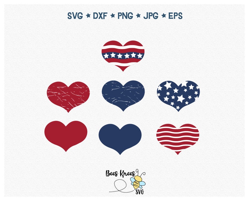 May include: Six different heart designs in red, white, and blue. The hearts feature American flag patterns, distressed textures, and solid colors. The designs are perfect for patriotic crafts and projects.