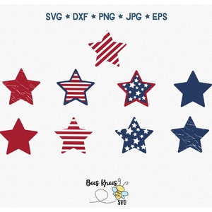 May include: Eight red, white, and blue stars with different patterns. The stars have a distressed, vintage look. The stars are perfect for crafting projects, scrapbooking, or adding a patriotic touch to your designs.