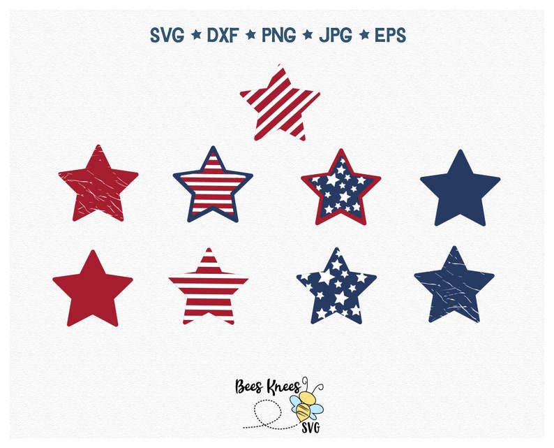 May include: Eight red, white, and blue stars with different patterns. The stars have a distressed, vintage look. The stars are perfect for crafting projects, scrapbooking, or adding a patriotic touch to your designs.