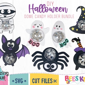 DIY Halloween Dome Candy Holder Svg, Duch, Wiedźma, Nietoperz, Pająk, Kapelusz Czarodzieja, Szablon Mumii, Plik Cięcia dla Cricut lub Silhouette