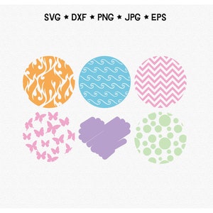 May include: Six different circle designs with various patterns. The designs include flames, waves, a chevron pattern, butterflies, a heart, and polka dots. The circles are in orange, blue, pink, light green, purple, and light green.
