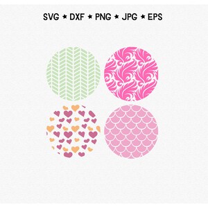 May include: Four different patterned circles in various colors. The circles are green with a chevron pattern, pink with a floral pattern, pink with a scale pattern, and orange and pink with a heart pattern.