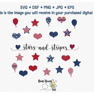 May include: A set of 18 digital clipart images featuring stars and stripes in red, white, and blue. The images include hearts, stars, balloons, and a handwritten phrase "stars and stripes".
