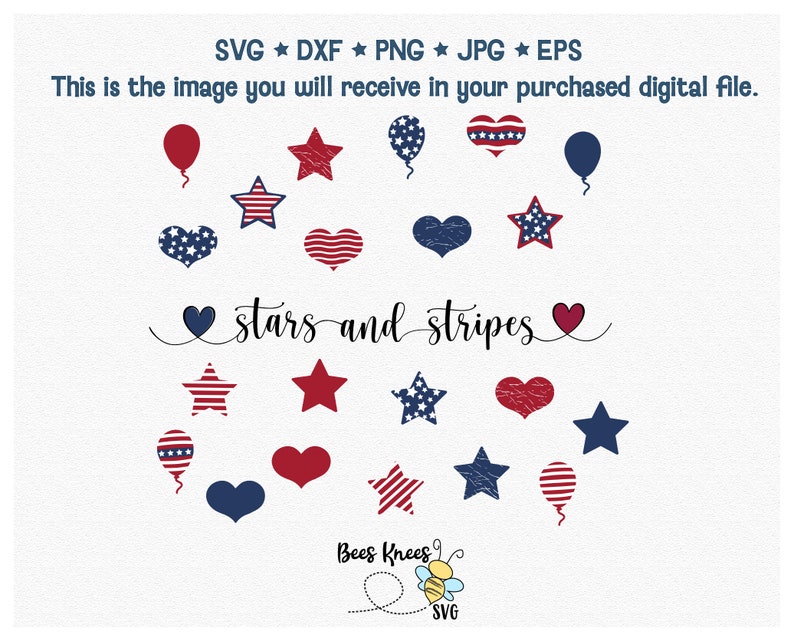 May include: A set of 18 digital clipart images featuring stars and stripes in red, white, and blue. The images include hearts, stars, balloons, and a handwritten phrase "stars and stripes".
