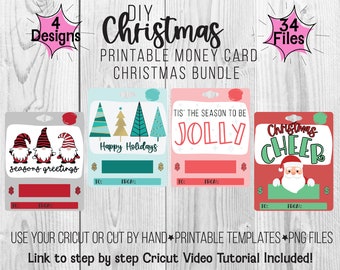 Paquete de plantilla de tarjeta de dinero de Navidad imprimible, tarjeta de dinero de bolsa de bálsamo labial de vacaciones, tarjeta de dinero PNG SVG PDF