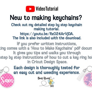 May include: Two pink and white keychain designs with a tassel. One design features the name "Sam" in white lettering and the other design features the name "Lila" in white lettering. The image includes a video tutorial link and instructions for making keychains.