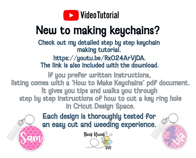 May include: Two pink and white keychain designs with a tassel. One design features the name "Sam" in white lettering and the other design features the name "Lila" in white lettering. The image includes a video tutorial link and instructions for making keychains.