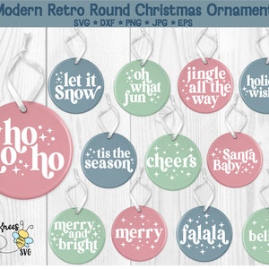 Ornamento di Natale rotondo Svg, Pacchetto di detti di ornamento, Ornamento di Natale retrò moderno Svg, File di taglio per Cricut e Silhouette