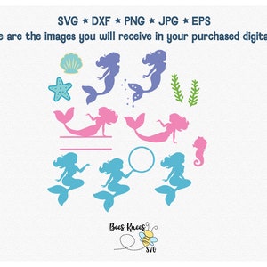 Mermaid Silhouettes and under the sea extras. Includes starfish, seashells, seaweed, seahorse. Can be used as monograms.