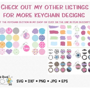 May include: A collection of colorful round keychain designs with various patterns, including animal prints, geometric shapes, and floral motifs. The designs are displayed on a white background with the text "CHECK OUT MY OTHER LISTINGS FOR MORE KEYCHAIN DESIGNS" and "VISIT THE KEYCHAIN SECTION IN MY SHOP OR CLICK ON THE LINK IN ITEM DESCRIPTION". The text "Bees Knees SVG" is also included in the image.