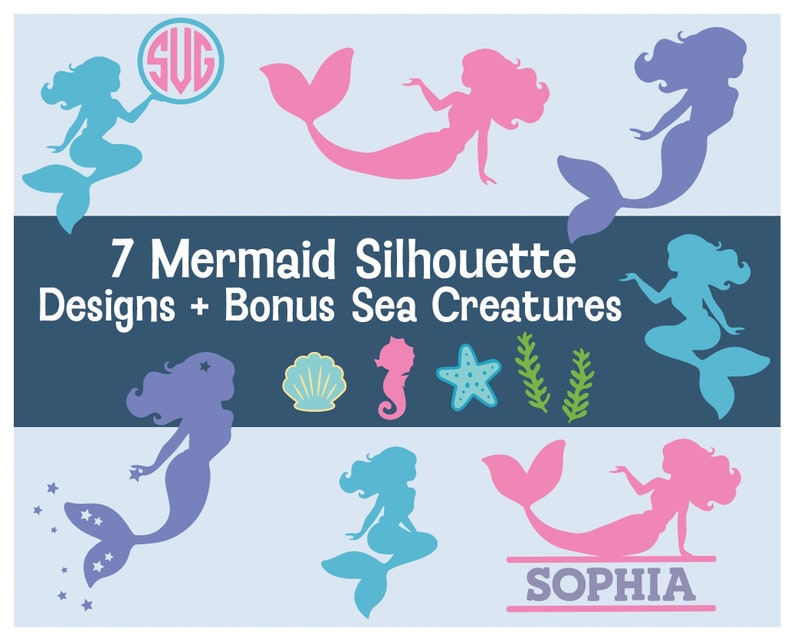 Mermaid Silhouettes and under the sea extras. Includes starfish, seashells, seaweed, seahorse. Can be used as monograms.