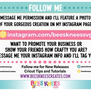 Puede incluir: Un gr&aacute;fico con el texto "S&Iacute;GUEME" y nombres de redes sociales. Anima a los usuarios a enviar un mensaje para una publicaci&oacute;n en Instagram y promocionar su negocio. Incluye la direcci&oacute;n del sitio web y los nombres de redes sociales de Bees Knees SVG.