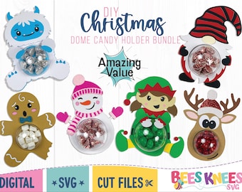 DIY Christmas Dome Candy Holder Svg, Gnome, Snowman Girl, Gingerbread Man, Reindeer, Girl Elf, Yeti Template, Cut File for Cricut Silhouette