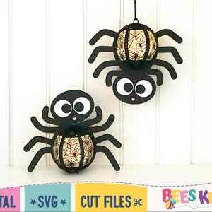 May include: Two black spider-shaped Halloween decorations with a web design on the body. The spiders are hanging from the ceiling.