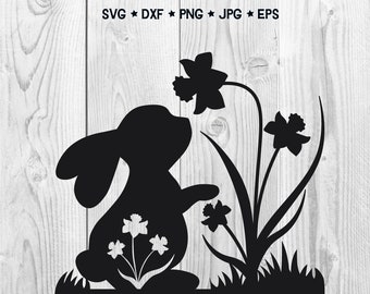 Hase Silhouette Narzisse SVG, Bunny Floral Cut Out svg, Osterhase svg, Frühling svg, Hase mit Blumen svg