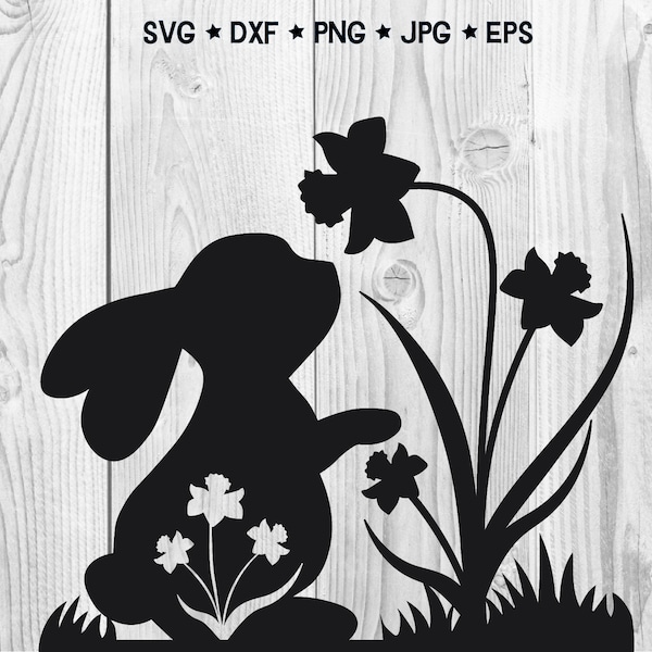 Hase Silhouette Narzisse SVG, Bunny Floral Cut Out svg, Osterhase svg, Frühling svg, Hase mit Blumen svg