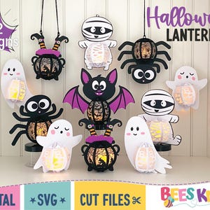 Szablon SVG zestawu latarni na Halloween, mumia, nietoperz, duchy, pająk, napój czarownic, DIY Luminary SVG, plik Cricut lub Silhouette Cut