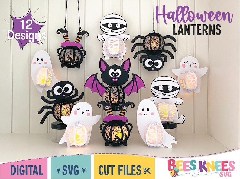 Halloween belly lantern mega bundle tabletop and hanging lanterns. SVG cut file digital downloads for Cricut or Silhouette. Mummy, spider, ghost, bat and witches cauldron
