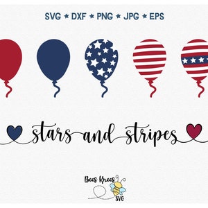 May include: Five red, white, and blue balloons with stars and stripes designs. The balloons are arranged in a row. The text "stars and stripes" is written below the balloons.