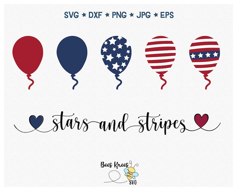 May include: Five red, white, and blue balloons with stars and stripes designs. The balloons are arranged in a row. The text "stars and stripes" is written below the balloons.