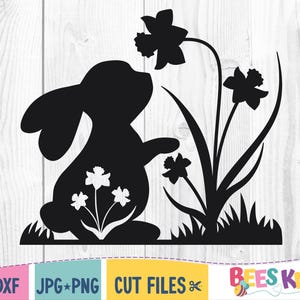 Lapin Silhouette jonquille Svg, lapin floral découpé Svg, Svg lapin de Pâques, printemps Svg, lapin avec fleurs Svg