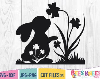 Bunny Silhouette Daffodil  Svg, Bunny Floral Cut Out Svg, Easter Bunny Svg, Spring Svg, Rabbit with Flowers Svg