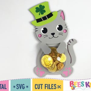 Porta caramelos con forma de gato para el Día de San Patricio (SVG), plantilla de gato duende (SVG), archivo de corte Cricut