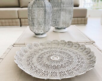 Farmhouse Tray, Antique Round Silver Tray, Decorative Tray, Farmhouse Metal Silver Tray, Coffee Table Tray, Ottoman Tray, Tabletop decor