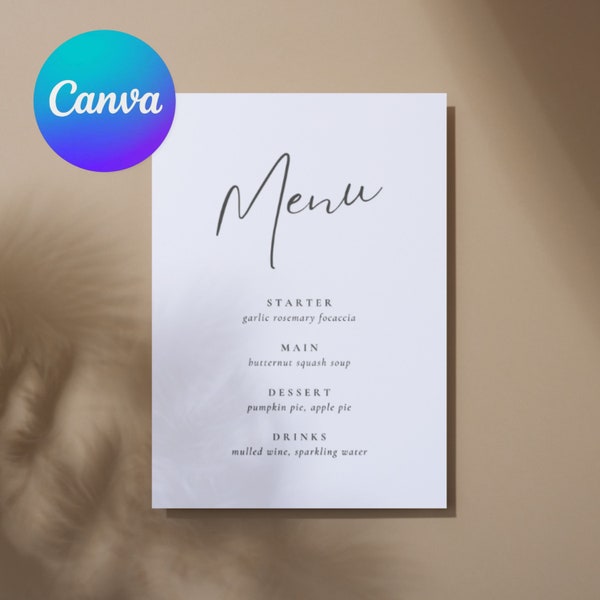 Minimalist Menu Template, Modern Dinner Party Menu, Wedding Dinner Menu Editable, Printable, Digital Download,  Canva Template, DIY