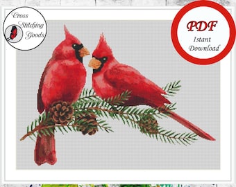 Red Nortern Cardinal Birds  Cross Stitch Pattern , Modern  Cross Stitch PDF