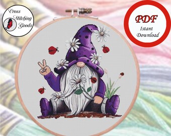 Hippie Gnome with Ladybugs ,Summer Cross Stitch Pattern